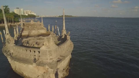 Half sunken Stone Ship And Gazebo At Viscaya Gardens Miami, Florida USA Stock Footage 81375780