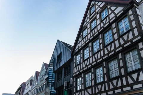 Half Timbered Building Facade Along Narrow Street View 스톡 사진