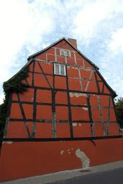 A half timbered building or timber frame construction 스톡 사진