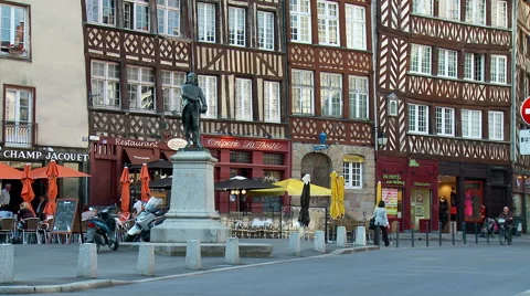 Half timbered buildings on Rue du Champ Jacquet - Rennes France Stock Footage 43189161