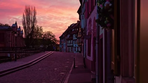 Half-timbered facades reflected in La Petite Venise canal Colmar, 4K Stock Footage 340846090