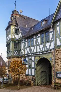 Half-timbered house in Idstein, Germany Half-timbered house with gate in I... Stock Photos