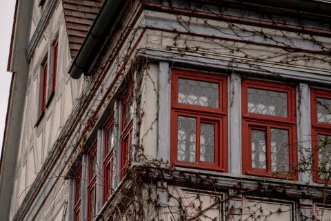 Half-timbered house with red windows ingrown with wild wine Stock Photos