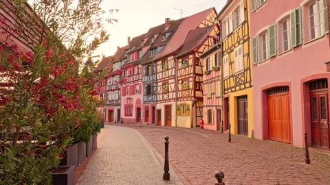 Half-timbered house reflections on still Colmar canal water, 4K Stock Footage 340845868