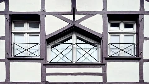 Half Timbered Wall with Unique Triangular Center Window Stock Photos