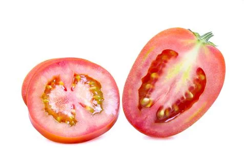 Half tomatoes placed on a white background Stock Photos