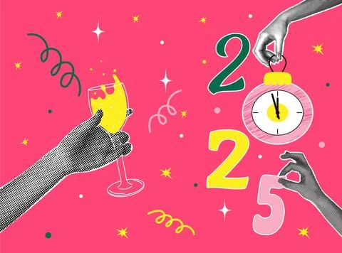 Half-tone collage. 2025 Concept of holiday, fun. Human hands holding Christmas Stock Illustration