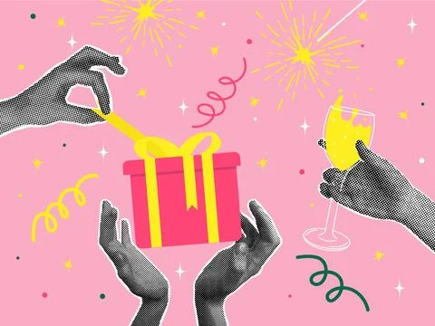 Half-tone collage. 2025 Concept of holiday, fun. Human hands holding gift box Stock Illustration