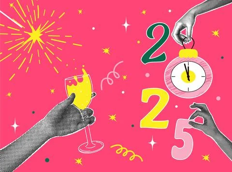 Half-tone collage. 2025 Concept of holiday, fun. Human hands holding Christmas Stock Illustration