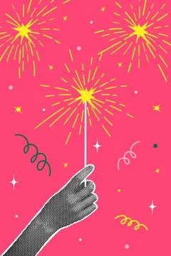 Half-tone collage. Concept of New Year celebration, fun. Human hand holding Illustrazione stock