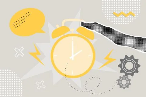 Half-tone collage. A hand stops the alarm clock ringing. Time, Time, Hurry Stock Illustration