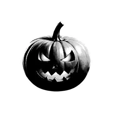 Half tone evil pumpkin, jack lantern. Vector drawing from dots, collage ele.. Stock Illustration