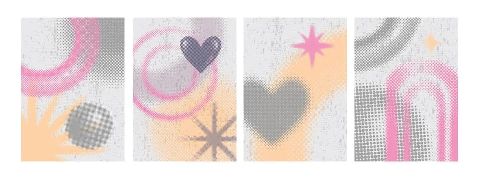 Half tone funky background set, vector gradient raster dot effect poster Illustrazione stock