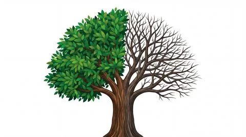 Half of the tree is alive and green and the other half is dry and dead Stock Illustration