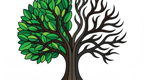 Half of the tree is alive and green and the other half is dry and dead Stock Illustration