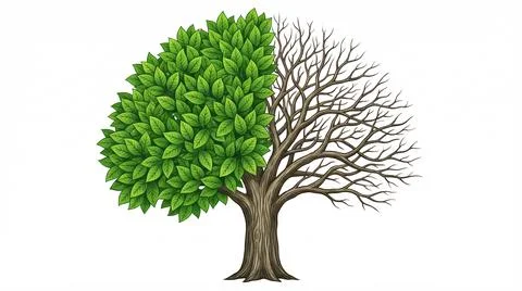 Half of the tree is alive and green and the other half is dry and dead Stock Illustration