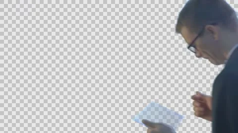 Half-Turned Man Clicks Scrolls a Virtual Tablet Working on Forex Exchange Buys Stock Footage 61162526