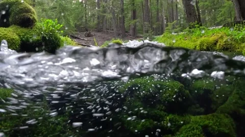Half underwater dome shot of river with many small waterfalls. Wild mountain Stock Footage 278598619