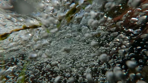 Half underwater shot of camera descending into fast flowing mountain stream, Stock Footage 339367516