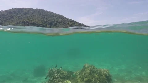 Half water split shot, Corals with Perhentian Island on the background, Malaysia Stock Footage 197575201