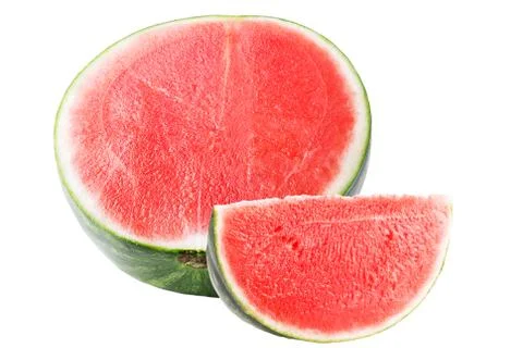 Half watermelon with a cut out slice isolated on white Stock Photos