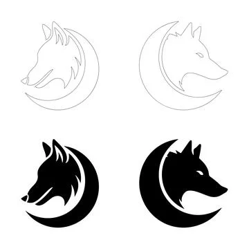 Half Wolf, Half Moon Design Silhouettes. Stock Illustration