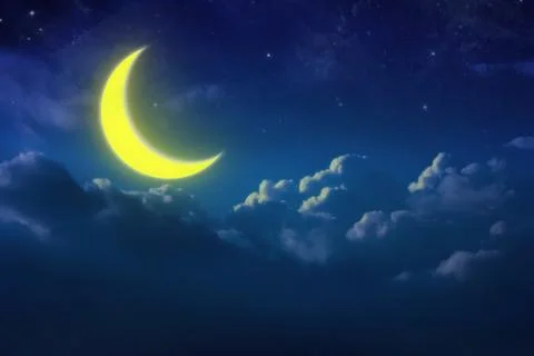 Half yellow moon behind cloudy on sky and star at night. Outdoors at night. l Stock Photos