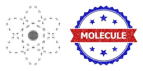 Halftone Atom Model Icon and Unclean Bicolor Molecule Seal Stock Illustration