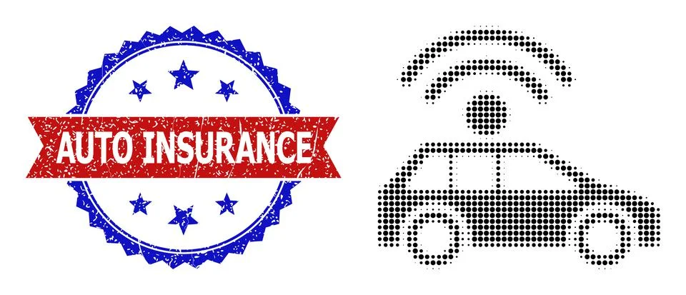Halftone Automatic Car Icon and Unclean Bicolor Auto Insurance Seal Stock Illustration