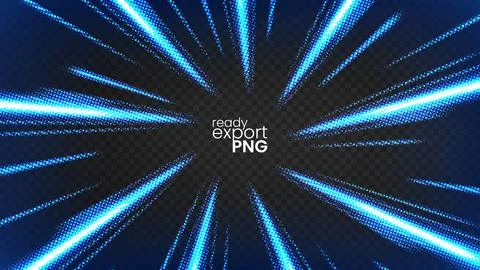 Halftone Blue Rays Zoom in Motion Effect, Swirl Light Color Trails, PNG Rea.. Stock Illustration