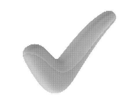 Halftone checkmark icon composed of small black dots on a clean white backg.. Stock Illustration