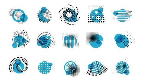 Halftone circle geometry shapes. Memphis round universal design, traditional Stock Illustration