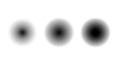 Halftone circle gradient set. Comic style round shapes. Semitone dotted globes Stock Illustration