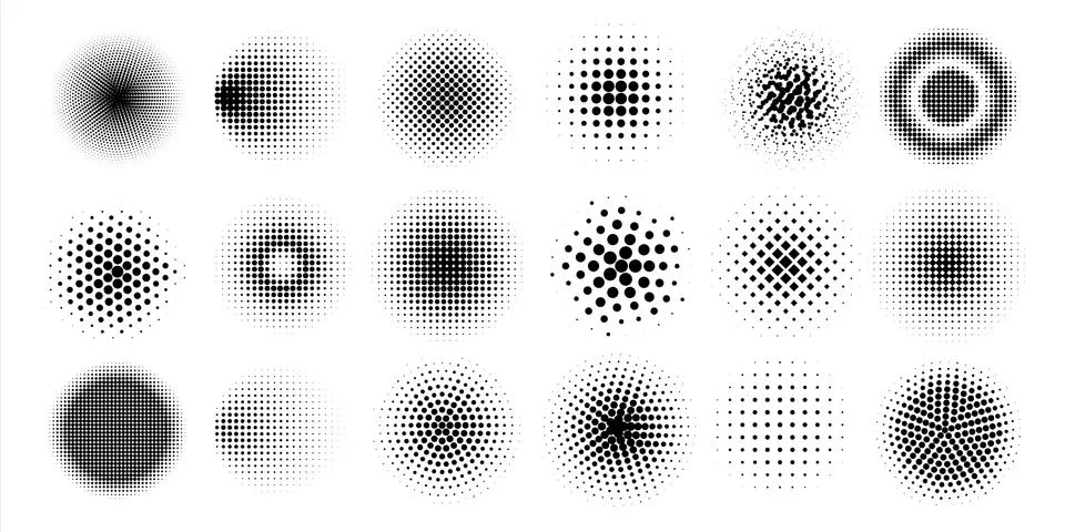 Halftone circles. Abstract comic pop art graphic elements. Dots shapes with Illustrazione stock