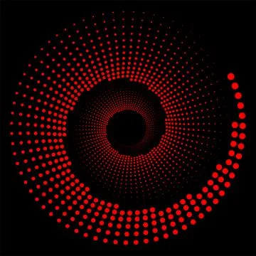 Halftone circular dotted frame. Circle red dots isolated on black background Stock Illustration