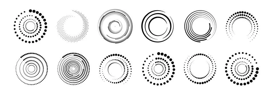 Halftone circular dotted frames set. Set of black thick halftone dotted speed Stock Illustration