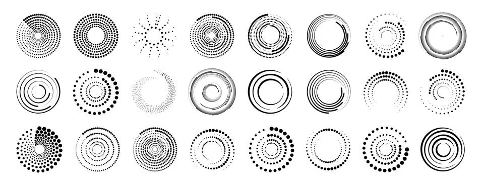 Halftone circular dotted frames set. Set of black thick halftone dotted speed Illustrazione stock