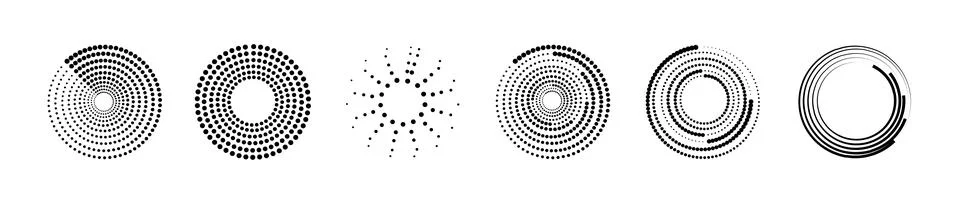 Halftone circular dotted frames set. Set of black thick halftone dotted speed Stock Illustration