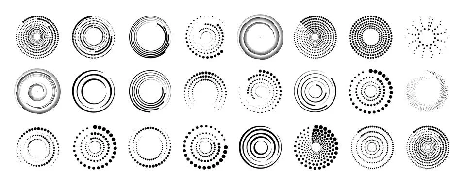 Halftone circular dotted frames set. Set of black thick halftone dotted speed Illustrazione stock