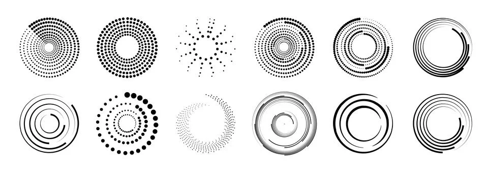 Halftone circular dotted frames set. Set of black thick halftone dotted speed Illustrazione stock