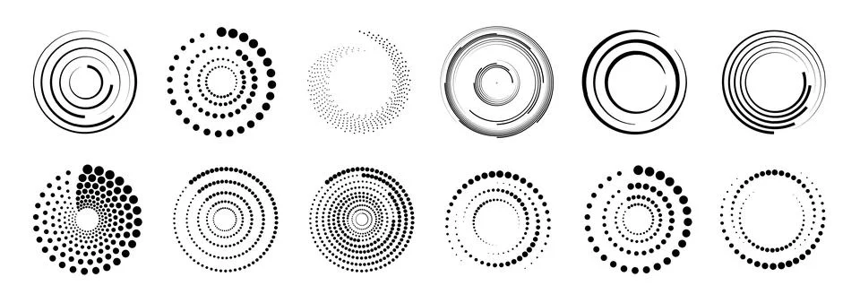 Halftone circular dotted frames set. Set of black thick halftone dotted speed イラスト素材