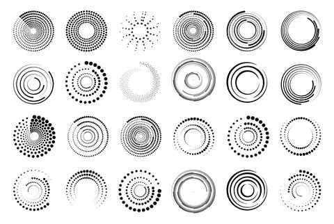 Halftone circular dotted frames set. Set of black thick halftone dotted speed Stock Illustration