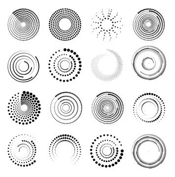 Halftone circular dotted frames set. Set of black thick halftone dotted speed Stock Illustration
