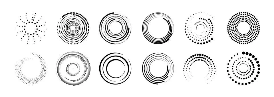 Halftone circular dotted frames set. Set of black thick halftone dotted speed Stock Illustration