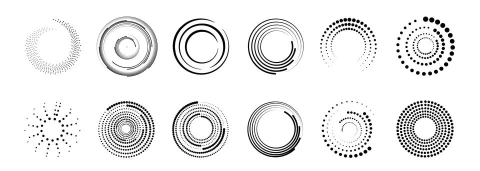 Halftone circular dotted frames set. Set of black thick halftone dotted speed Stock Illustration