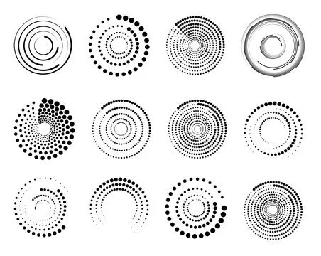 Halftone circular dotted frames set. Set of black thick halftone dotted speed Stock Illustration