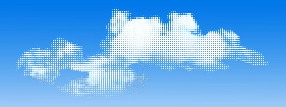 Halftone cloud on blue sky. Retro dotted texture. Vintage pop art style Stock Illustration