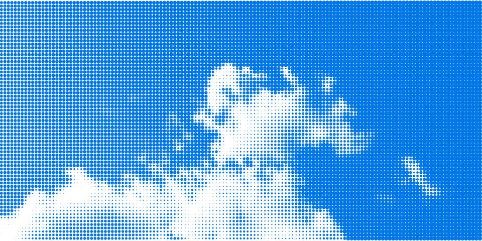 Halftone clouds on gradient sky. Retro dotted texture. Vintage pop art style Stock Illustration