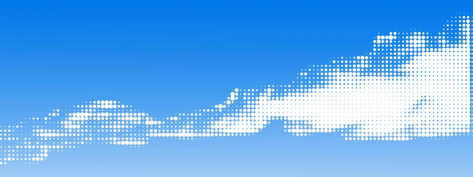 Halftone clouds on gradient sky. Retro dotted texture. Vintage pop art style Stock Illustration