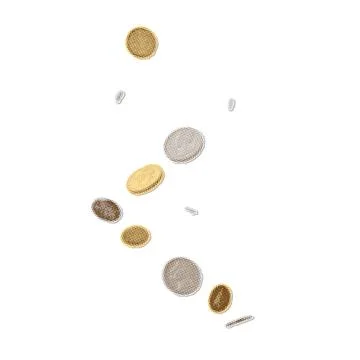 Halftone collage clipart with various falling coins. Vector design isolated on Stock Illustration